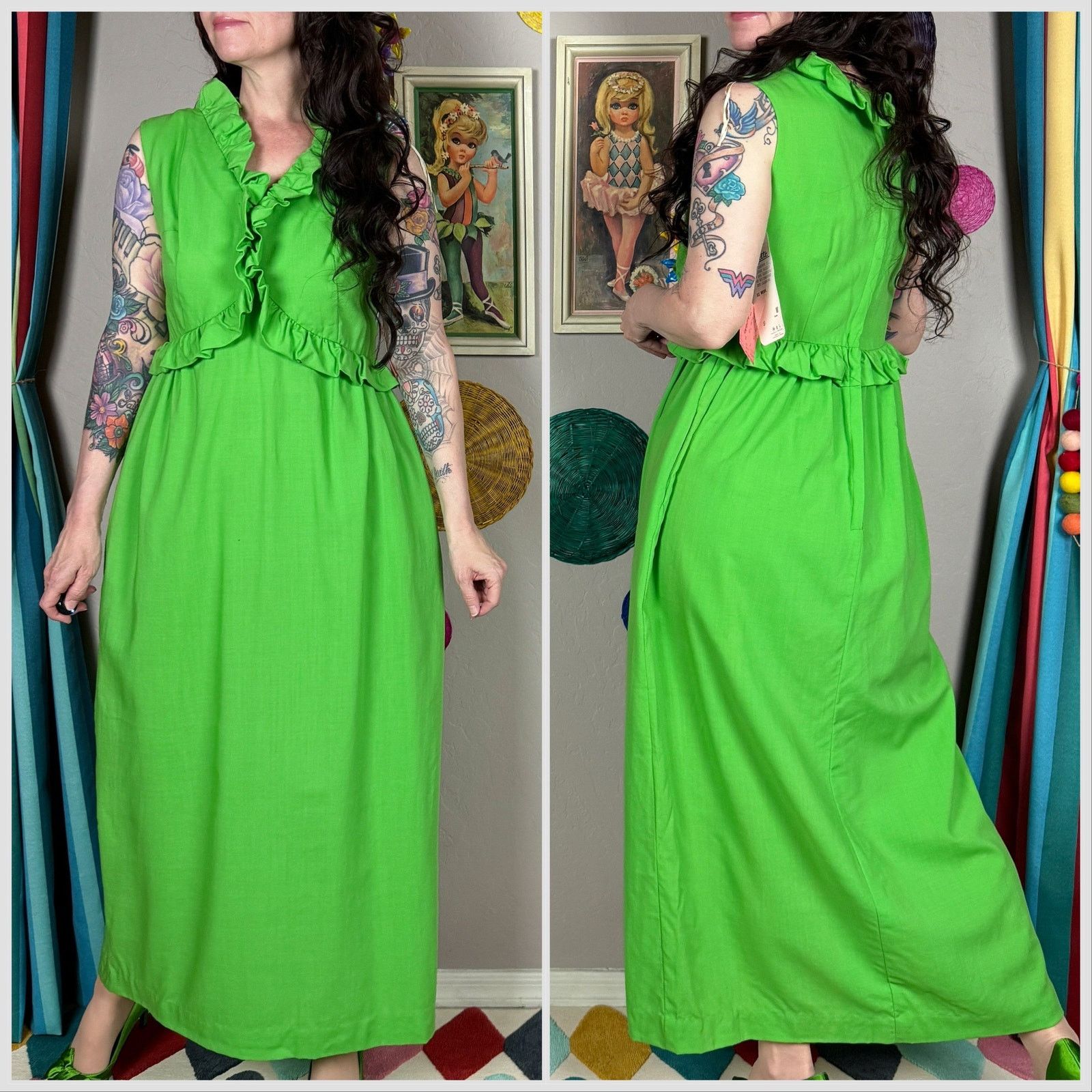 Vintage Vintage 1970s Lime Green Sleeveless Ruffled Wool Maxi Dress Size S / US 4 / IT 40 - 3 Thumbnail
