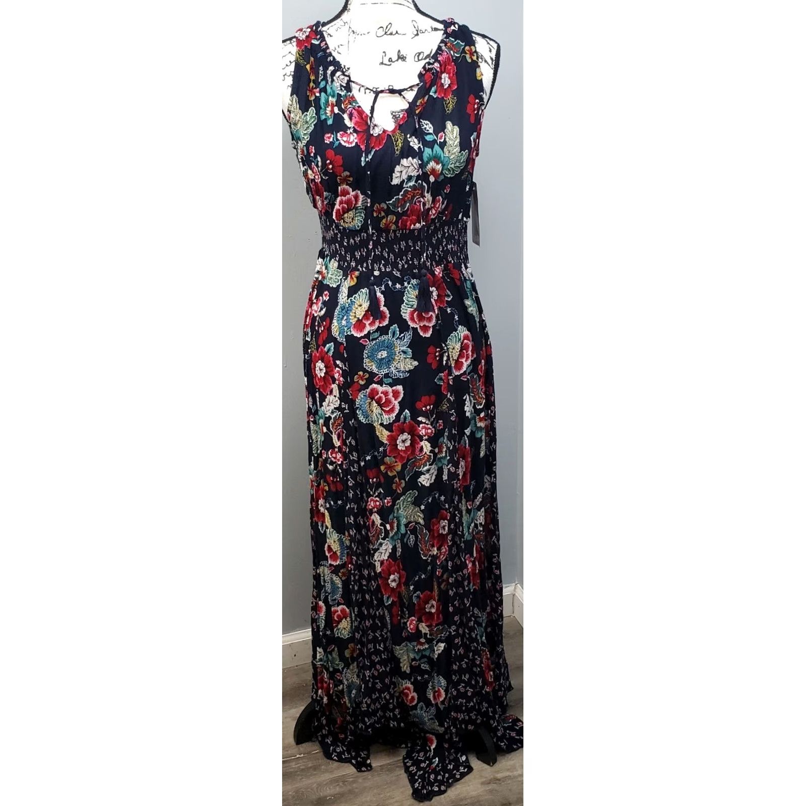 Vintage Bila Maxi Dress Womens S Multi Floral Smocked Waist Tie Front Handkerchief Hem Dress Size S / US 4 / IT 40 - 2 Thumbnail