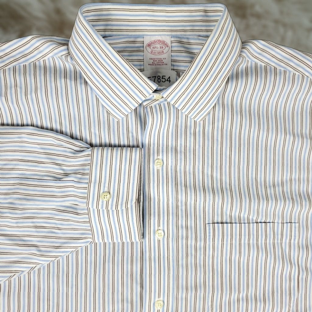 Brooks Brothers Brooks Brothers Dress Shirt Mens 17.5 Blue Striped Long Sleeve Button-Up Business Casual Size 46R - 1 Thumbnail