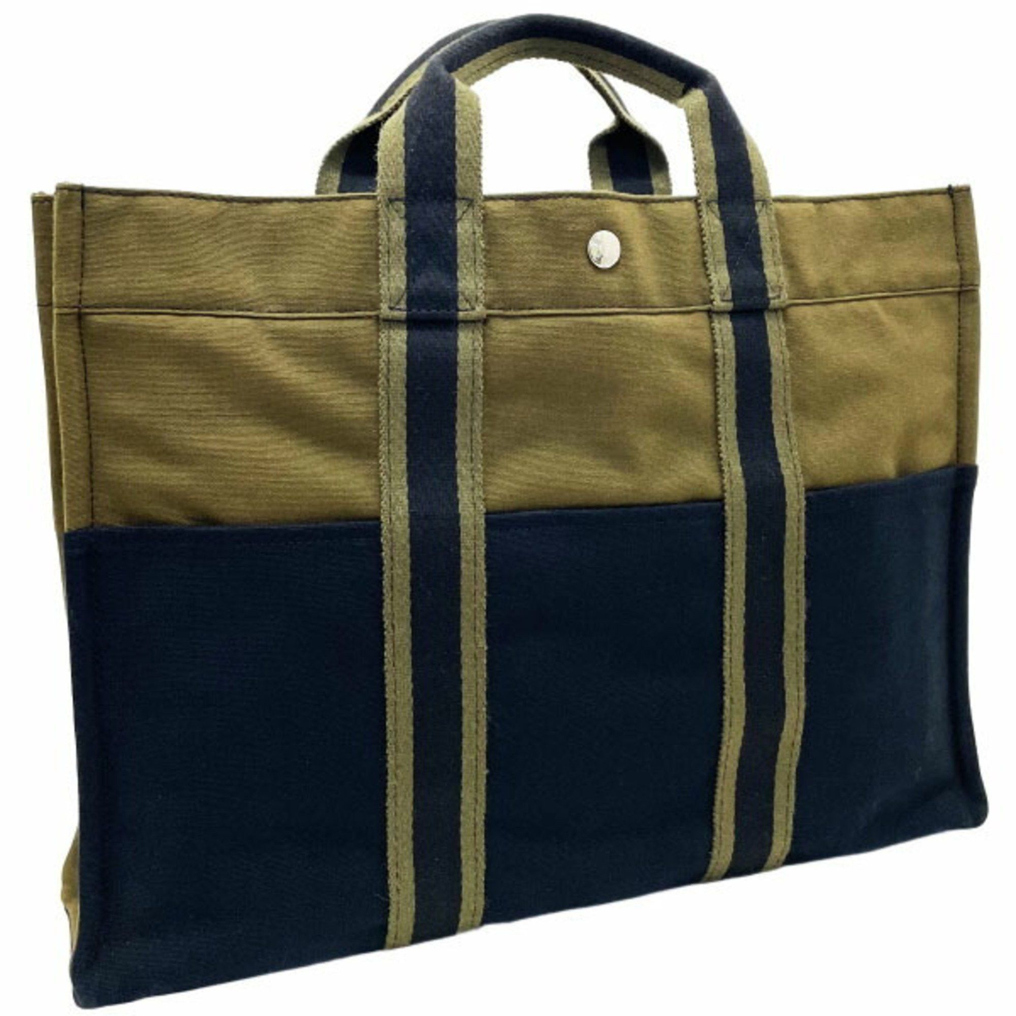 Hermes Tote Bag Foule Mm Canvas Khaki Green Black Hermes Bicolor Handbag Unisex Ahn-15146, Women's
