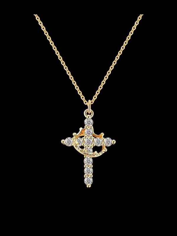 Jewelry x Vintage Cross Rhinestone Crown Y2K Necklace Chain in Gold, Men's