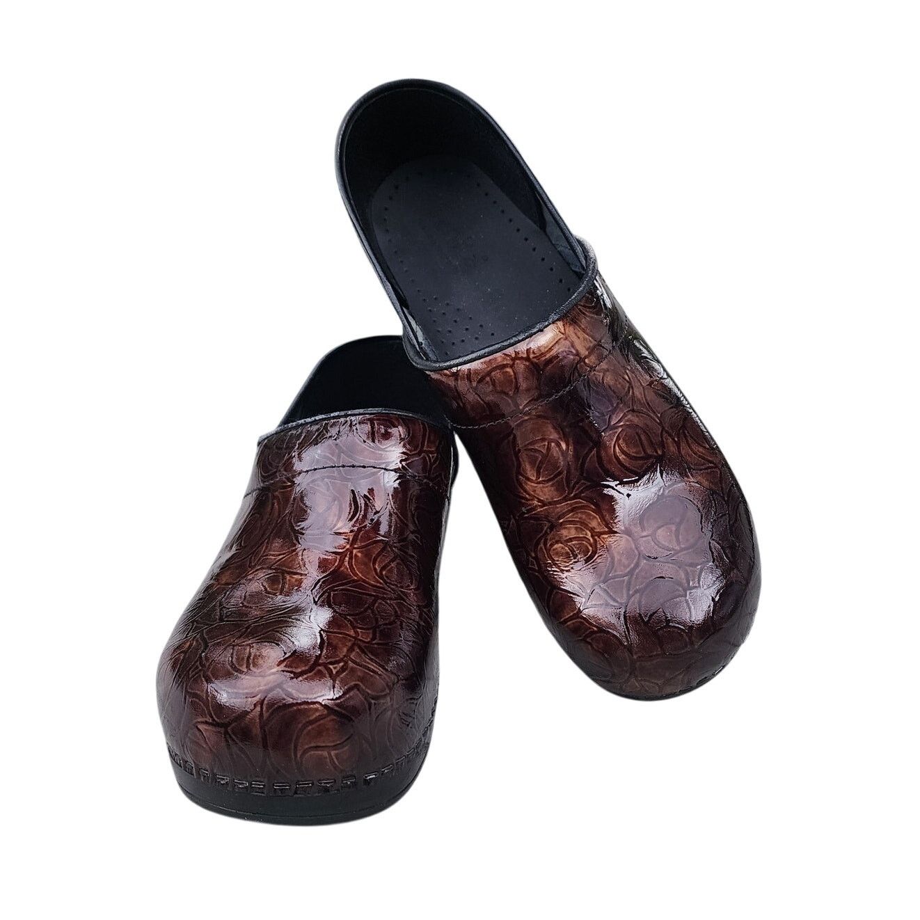 Designer SANITA Floral Embossed Tooled Patent Leather Danish Clogs 42 Size US 11 / IT 41 - 1 Thumbnail