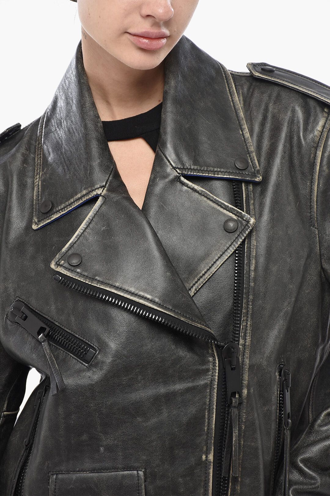 Off-White og1mm0426 Vintage-Effect Leather Biker Jacket in Grey Size M / US 6-8 / IT 42-44 - 3 Thumbnail