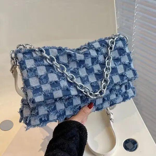 Japanese Brand Denim Checkered Raw Trim Flap Bag Size ONE SIZE - 2 Thumbnail
