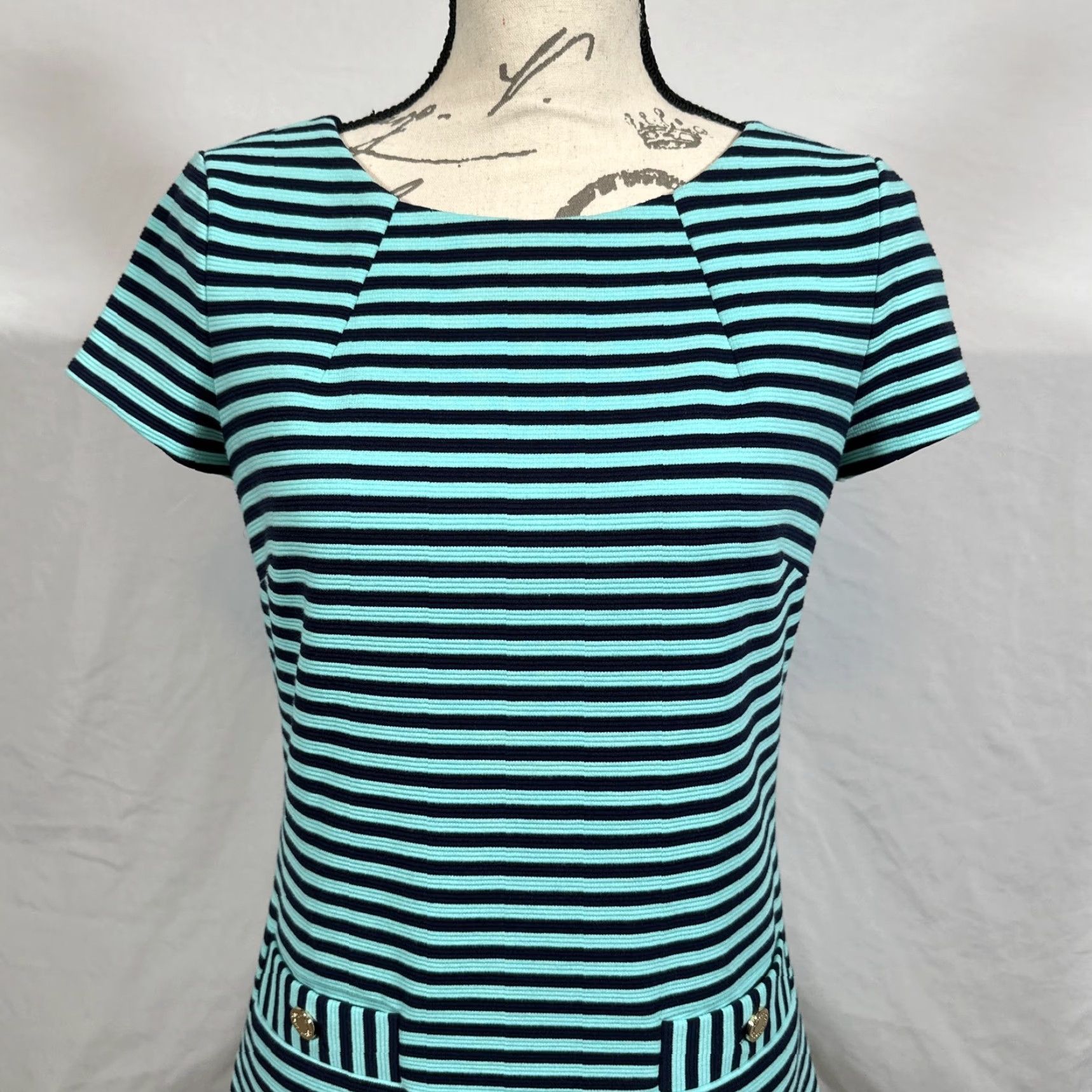 Lilly Pulitzer Lilly Pulitzer Dress Womens Small Teal Navy Stripe Short Sleeve Shift Gold Zip Size 28" / US 6 / IT 42 - 2 Thumbnail