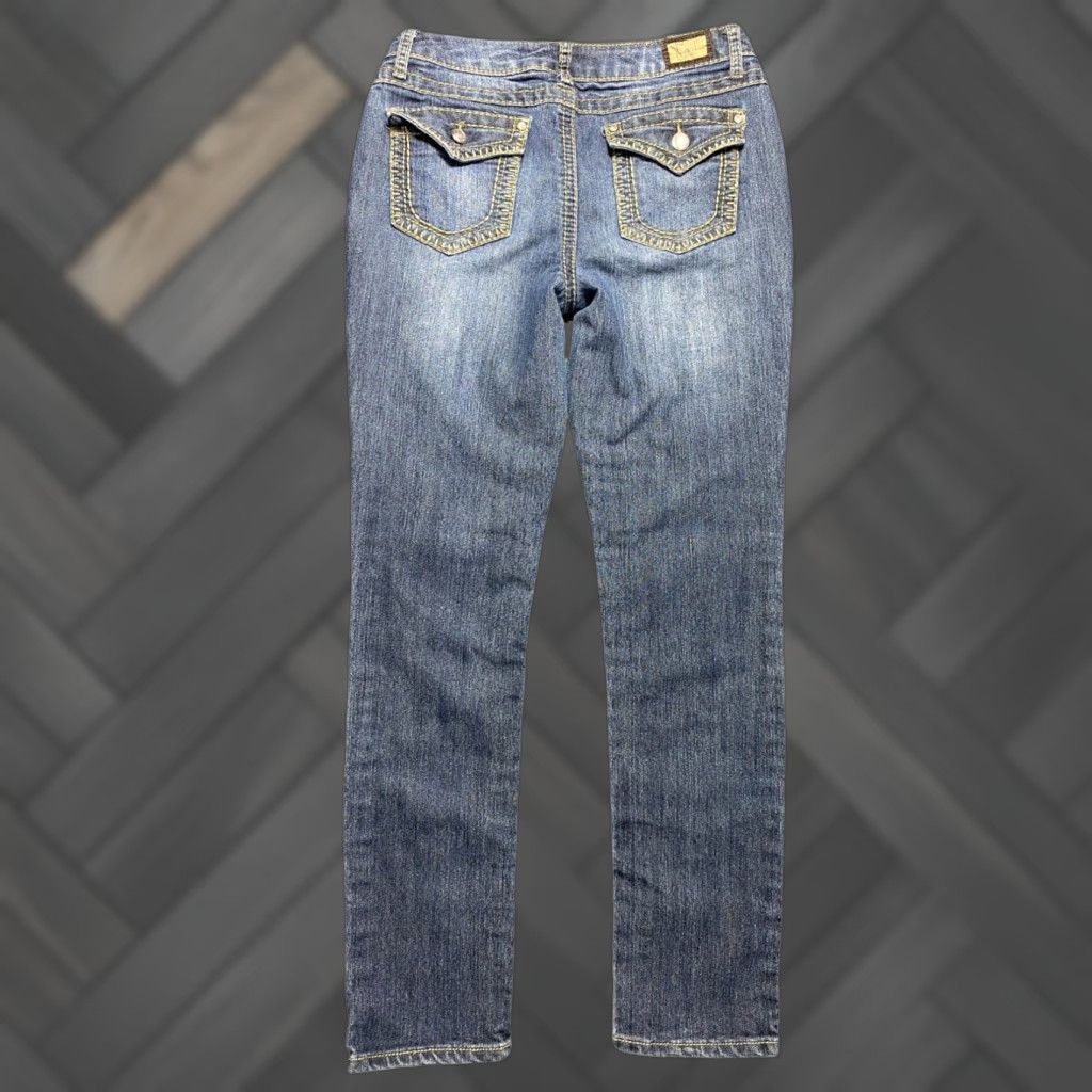 Vintage Earl Jeans Womens Jeans 6 Blue Denim Rhinestone Pocket Flap 5-Pocket Bootcut Regular Size 28" / US 6 / IT 42 - 1 Thumbnail