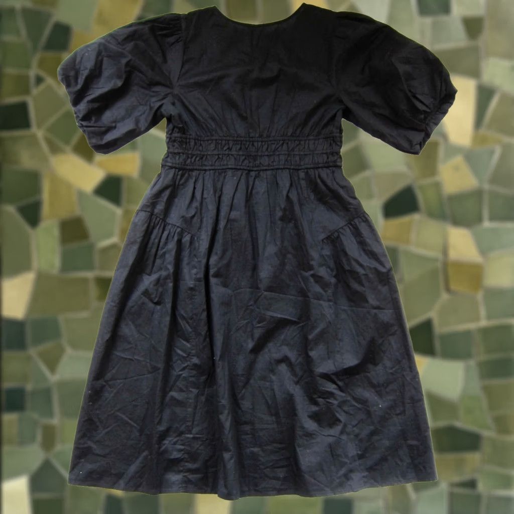 Old Navy NWT Old Navy 100% Cotton Black Short Puff Sleeve V-Neck Midi Smock Dress Large P Size 36" / US 14 / IT 50 - 1 Thumbnail