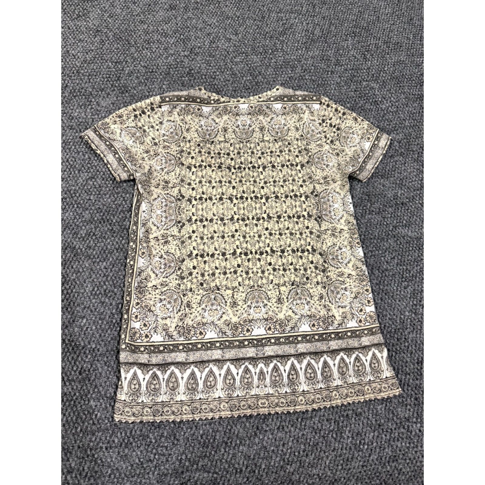 Lucky Brand Lucky Brand Blouse Shirt Womens XS Beige Black Floral Paisley Short Sleeve Boho Tunic V-Neck Lightweight Casual Regular Cotton Modal Rayon Modern Size XS / US 0-2 / IT 36-38 - 7 Thumbnail