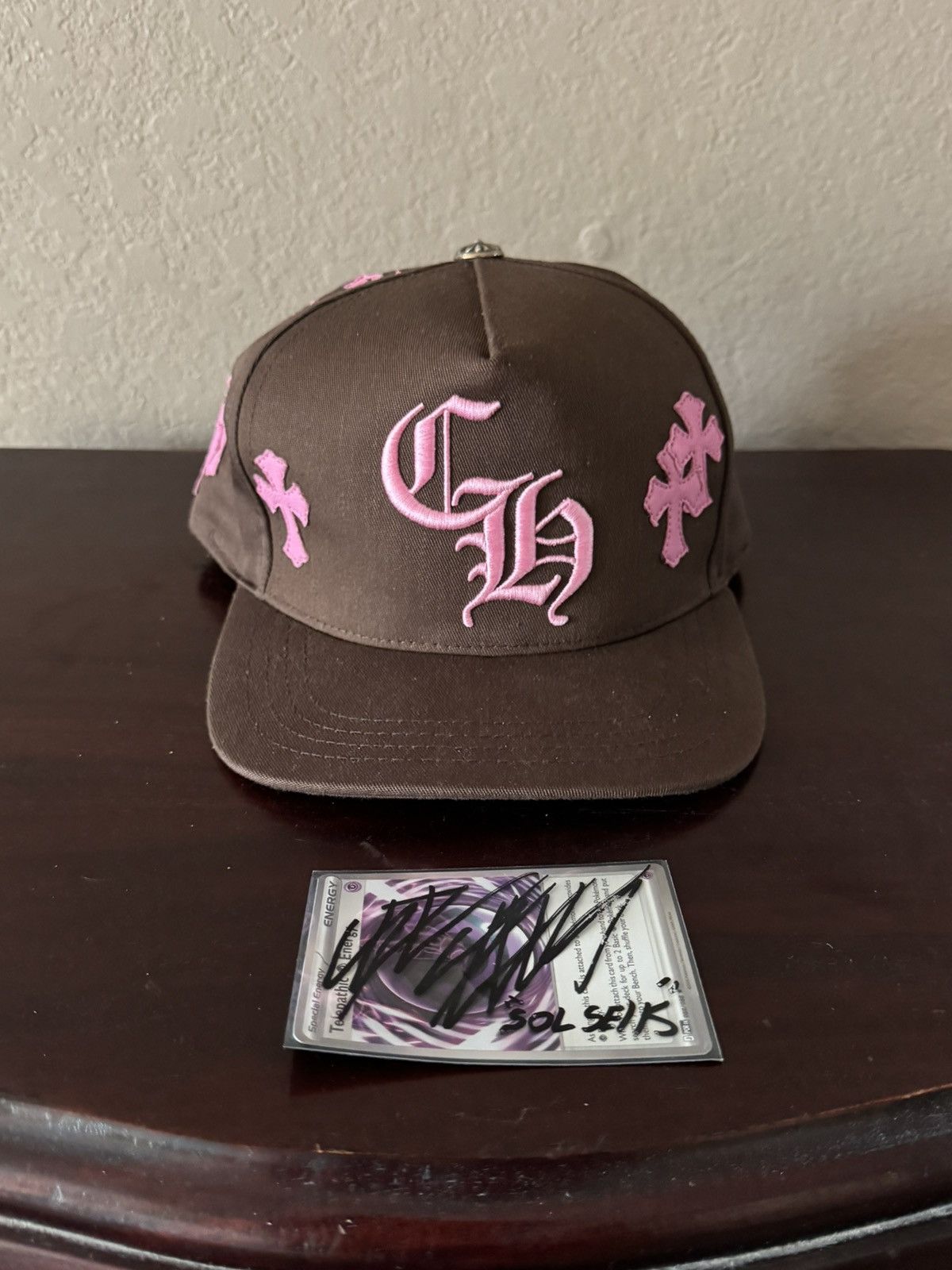 Chrome Hearts Brown & Pink Leather Cross Patch Baseball Cap