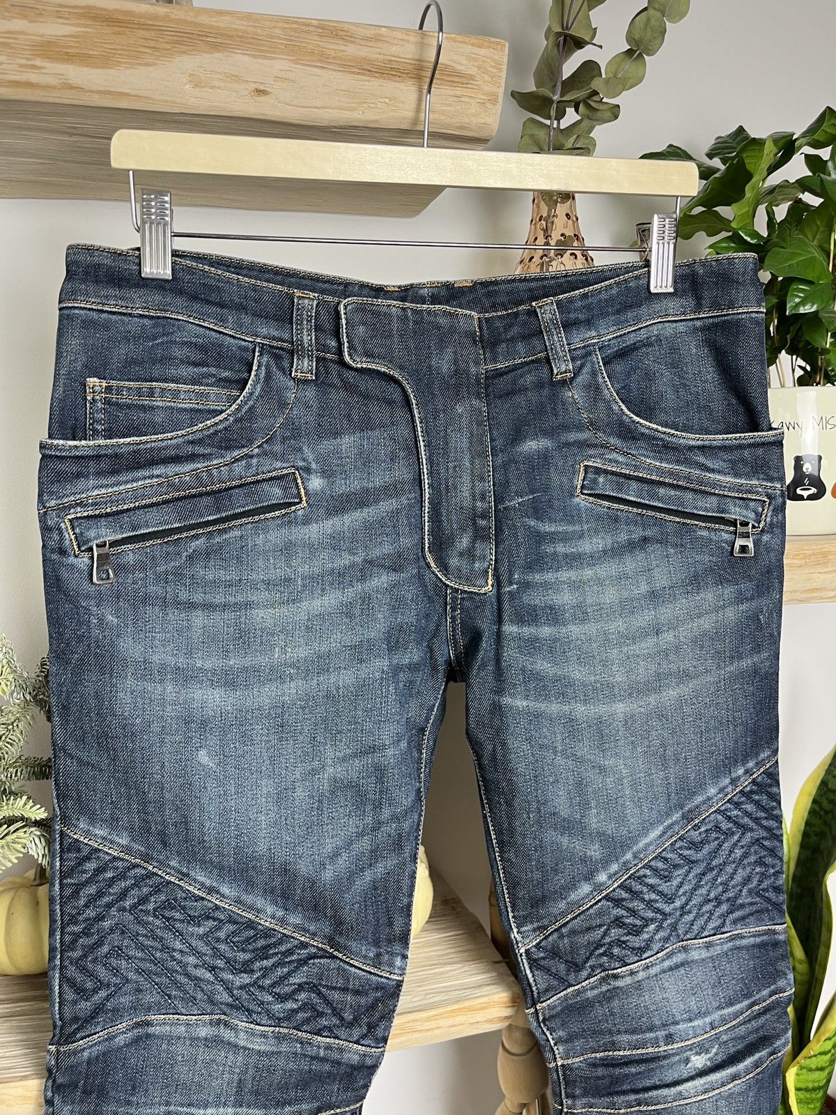 Balmain Iconic Balmain Moto Biker jeans decarnin indigo washed Size US 31 - 3 Thumbnail