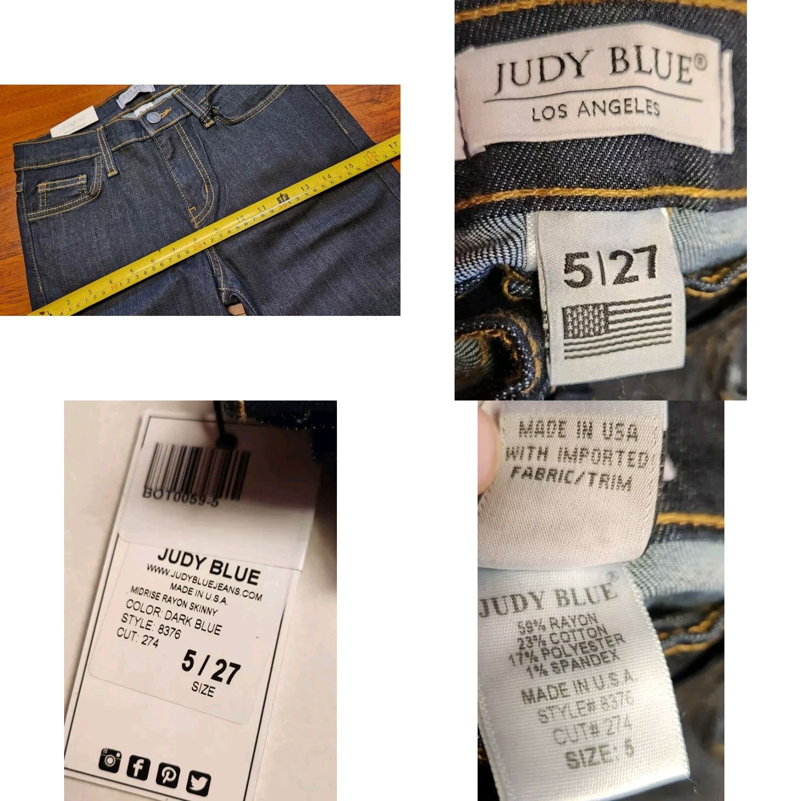 Denime JUDY BLUE Jeans Women 5/27 (27x30) Rayon Skinny Mid Rise Dark Blue Denim USA NWT Size 27" / US 4 / IT 40 - 9 Thumbnail