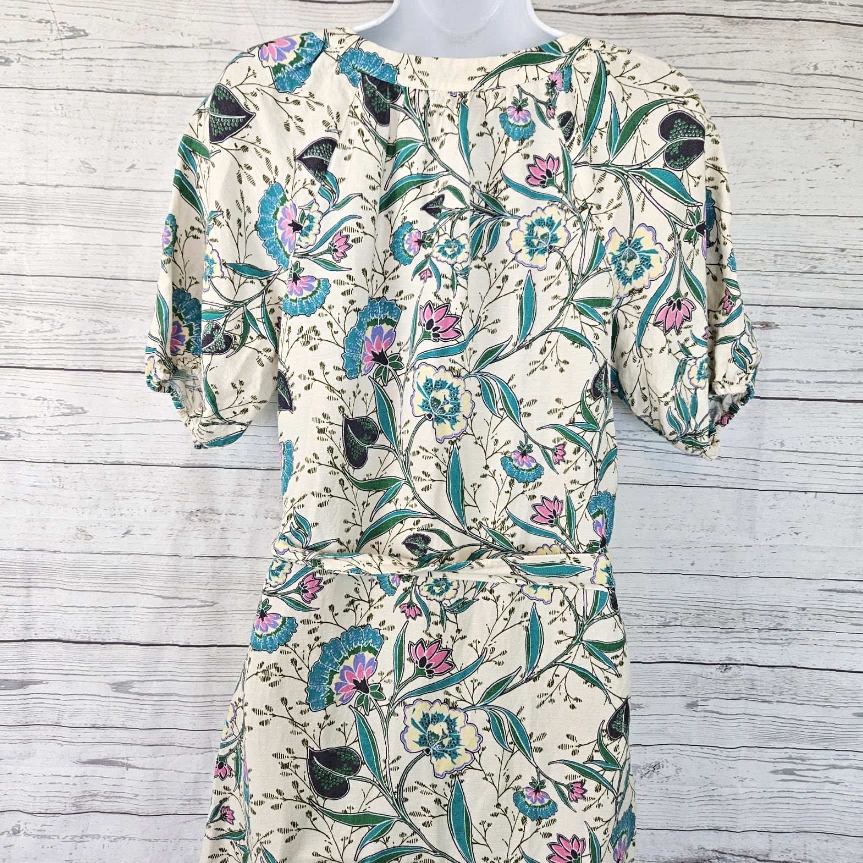 Loft LOFT Ann Taylor Womens Midi Dress S Floral Linen Viscose Belted Green Pink A-Line Short Sleeve 43" Length Womens Size S / US 4 / IT 40 - 4 Thumbnail