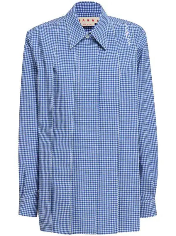 Marni o1w1db10426 Gingham-Check Pleated Shirt in Blue Size XL / US 12-14 / IT 48-50 - 1 Thumbnail