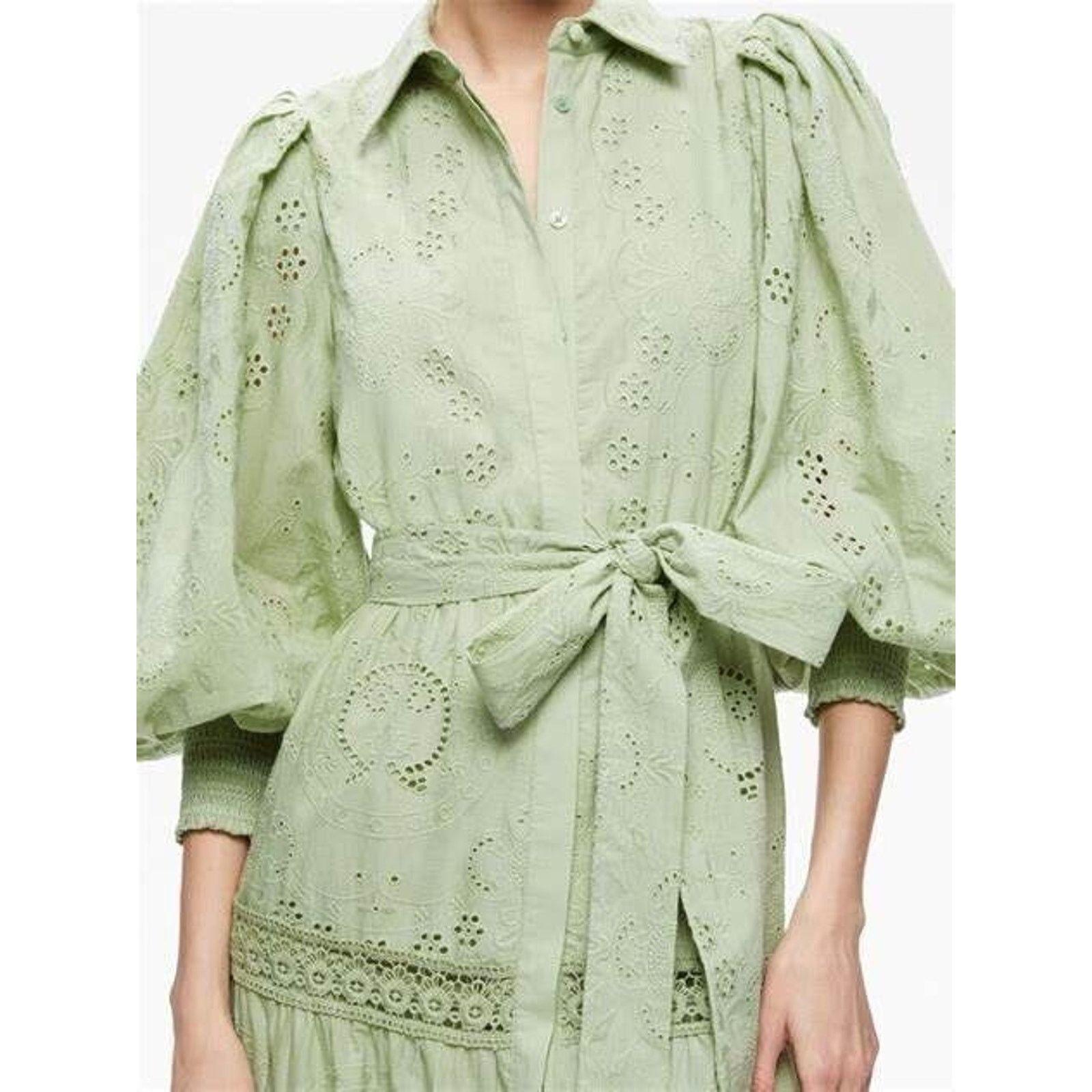 Alice + Olivia ALICE + OLIVIA LILLY EYELET COTTON DRESS BELTED GREEN SZ 2 Size XS / US 0-2 / IT 36-38 - 4 Thumbnail