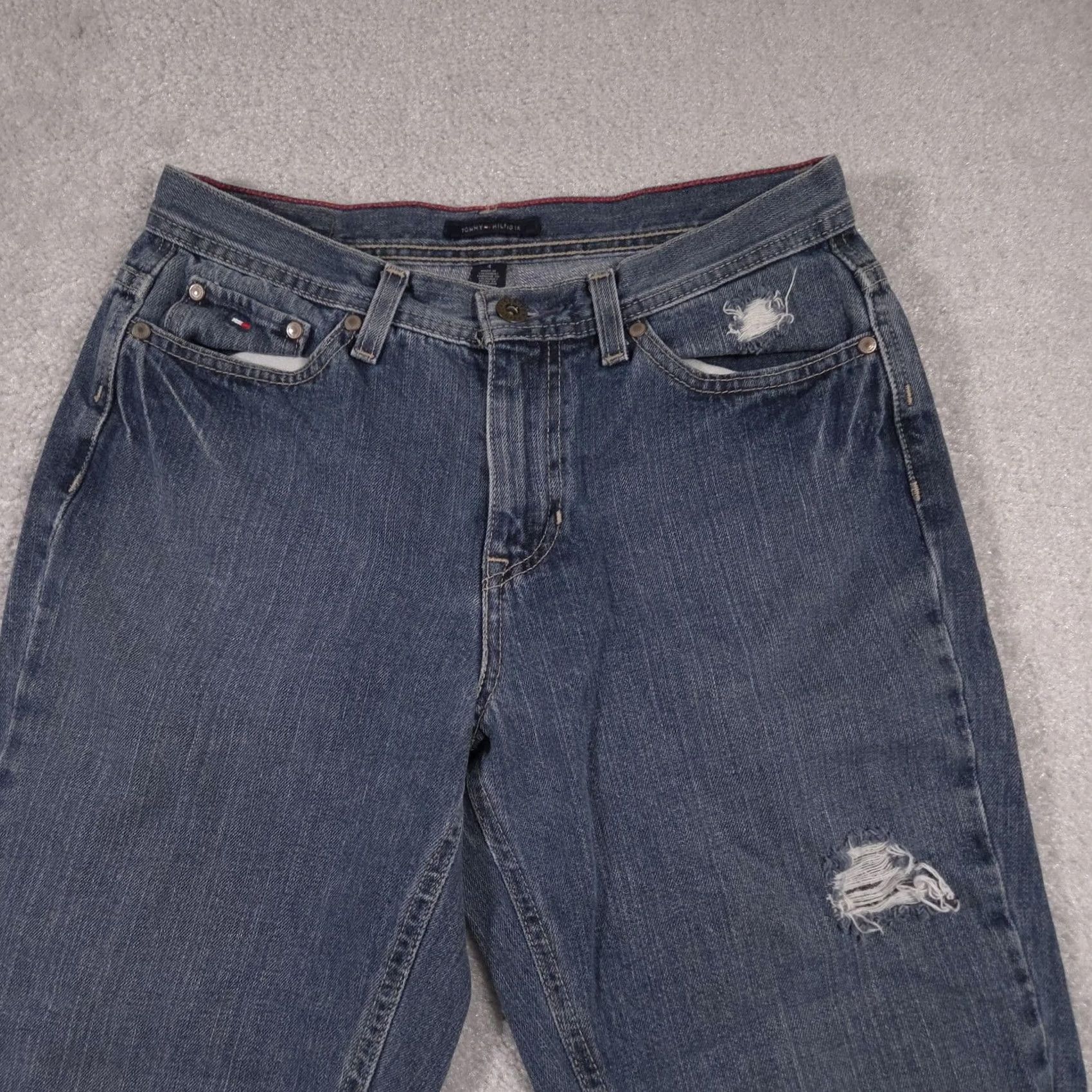 Tommy Hilfiger VINTAGE Tommy Hilfiger Jeans Womens 4 Blue Distressed High Rise Straight Leg Frayed Hem Size 27" / US 4 / IT 40 - 3 Thumbnail