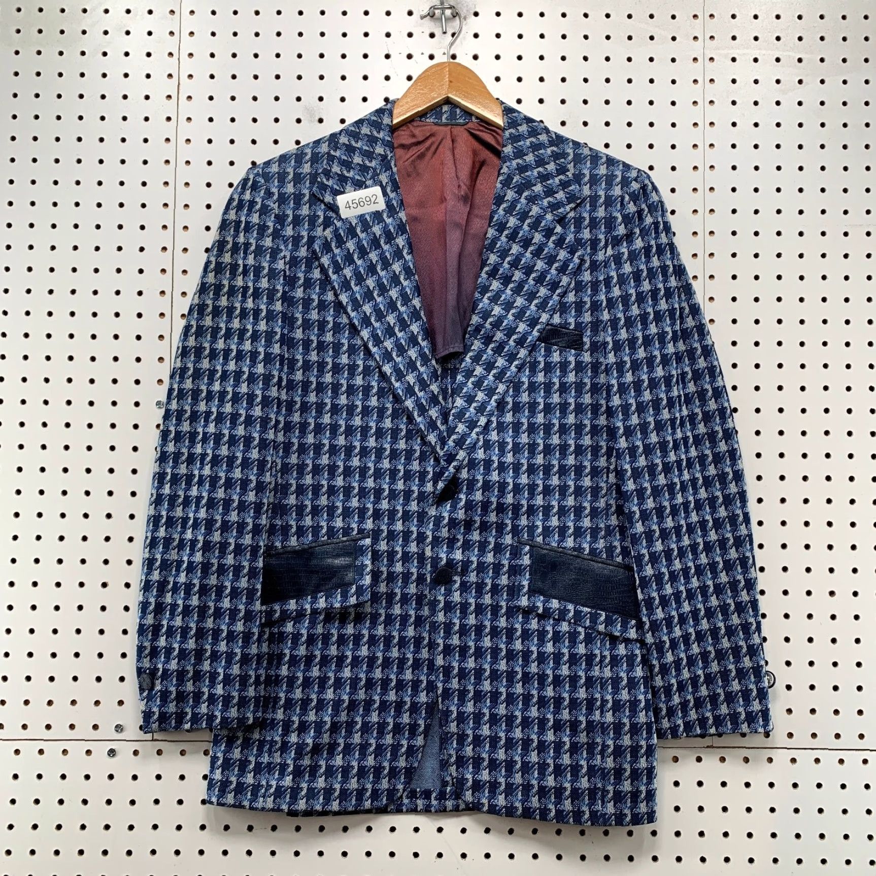 Vintage VINTAGE Blazer Men 36R Wool Linen Houndstooth Blue Two-Button Notch Lapel Made USA 60s 70s Corp 2 Piece Leather Trim Size 36R - 2 Thumbnail