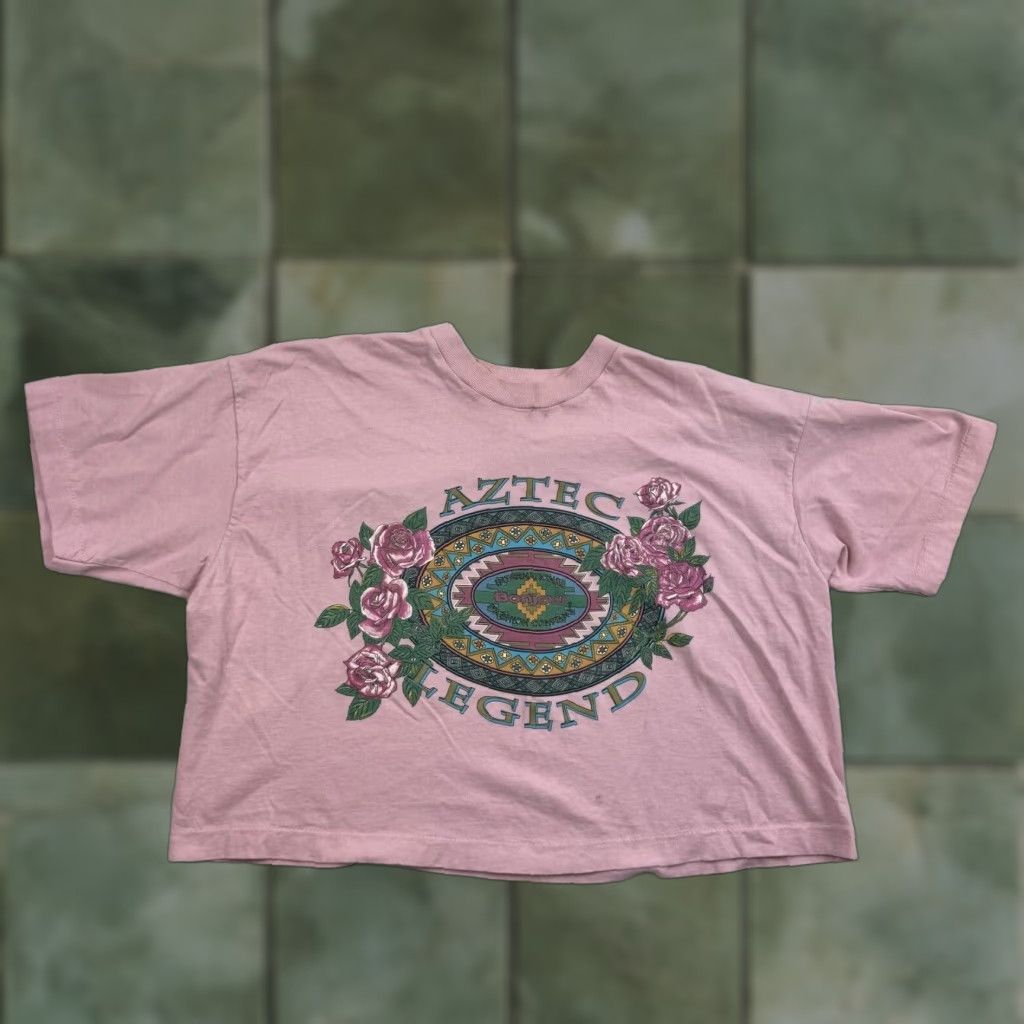 VINTAGE BonJour Crop Top Shirt Womens Large Pink Aztec 90s T-Shirt Cropped Crew Neck Short Sleeve Womens L Pink Aztec 90s