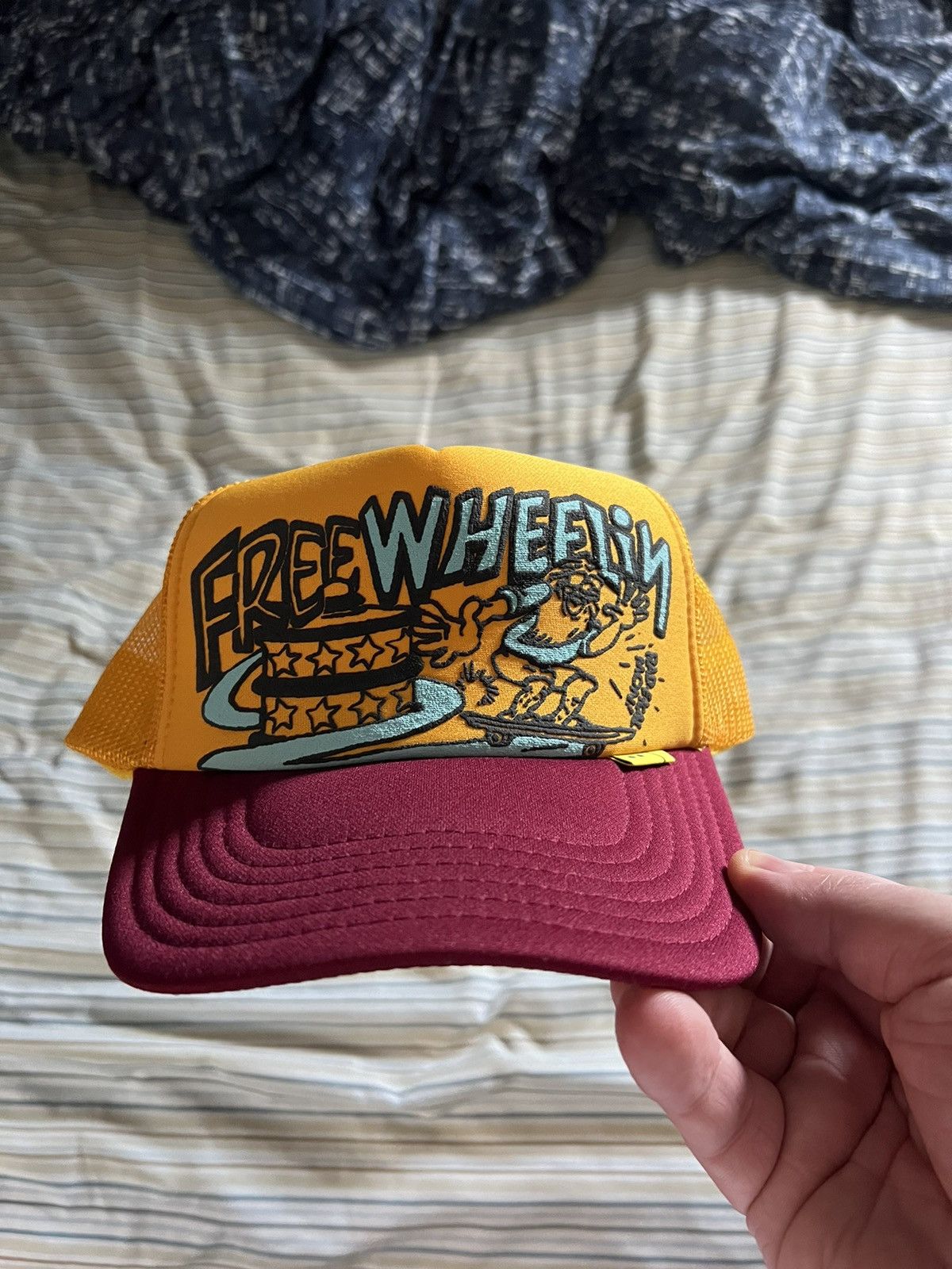 image of Kapital Trucker Free Wheelin Hat in Yellow, Men's