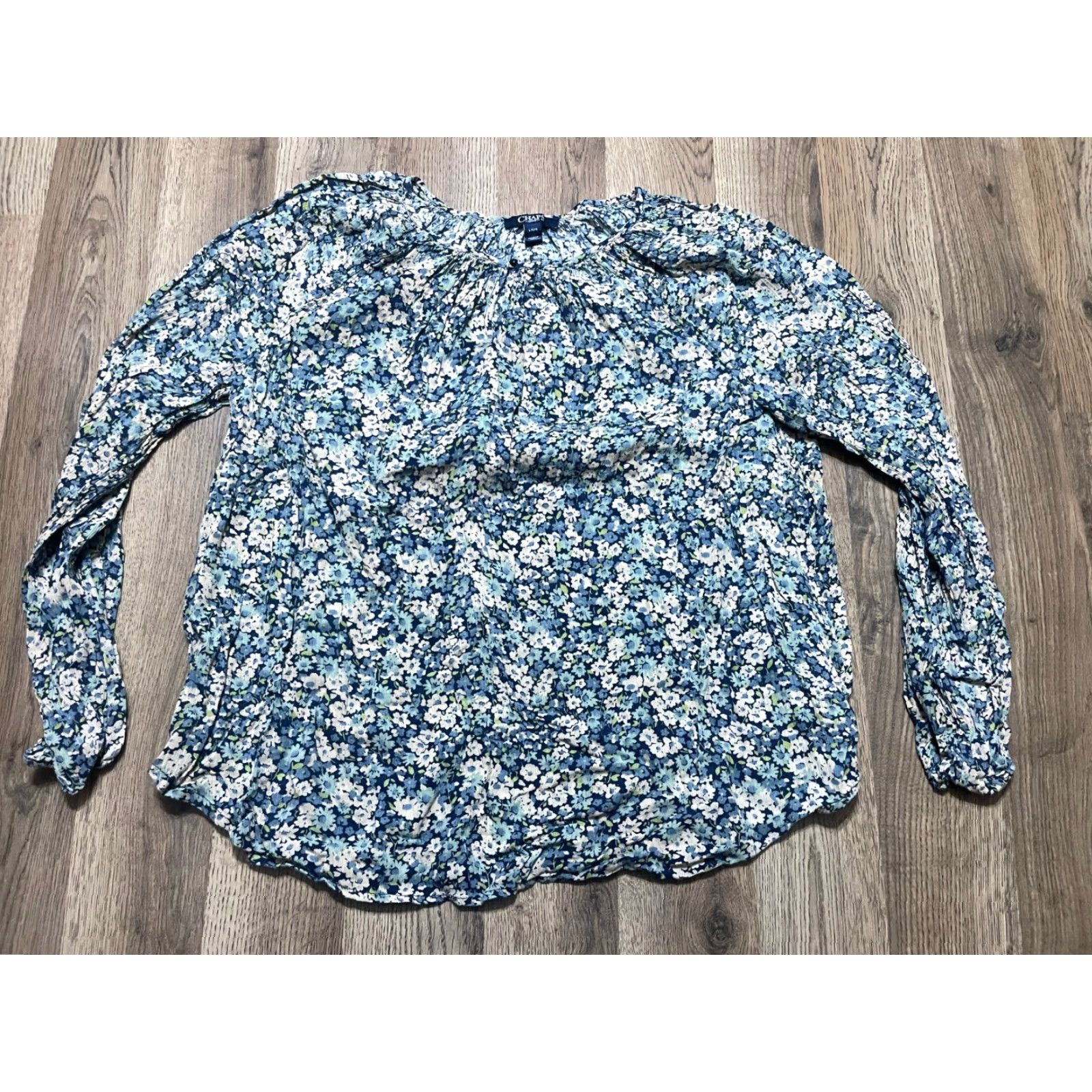 Chaps VINTAGE? No—CHAPS Blouse Women’s Large Blue White Green Floral Long Sleeve Size L / US 10 / IT 46 - 2 Thumbnail