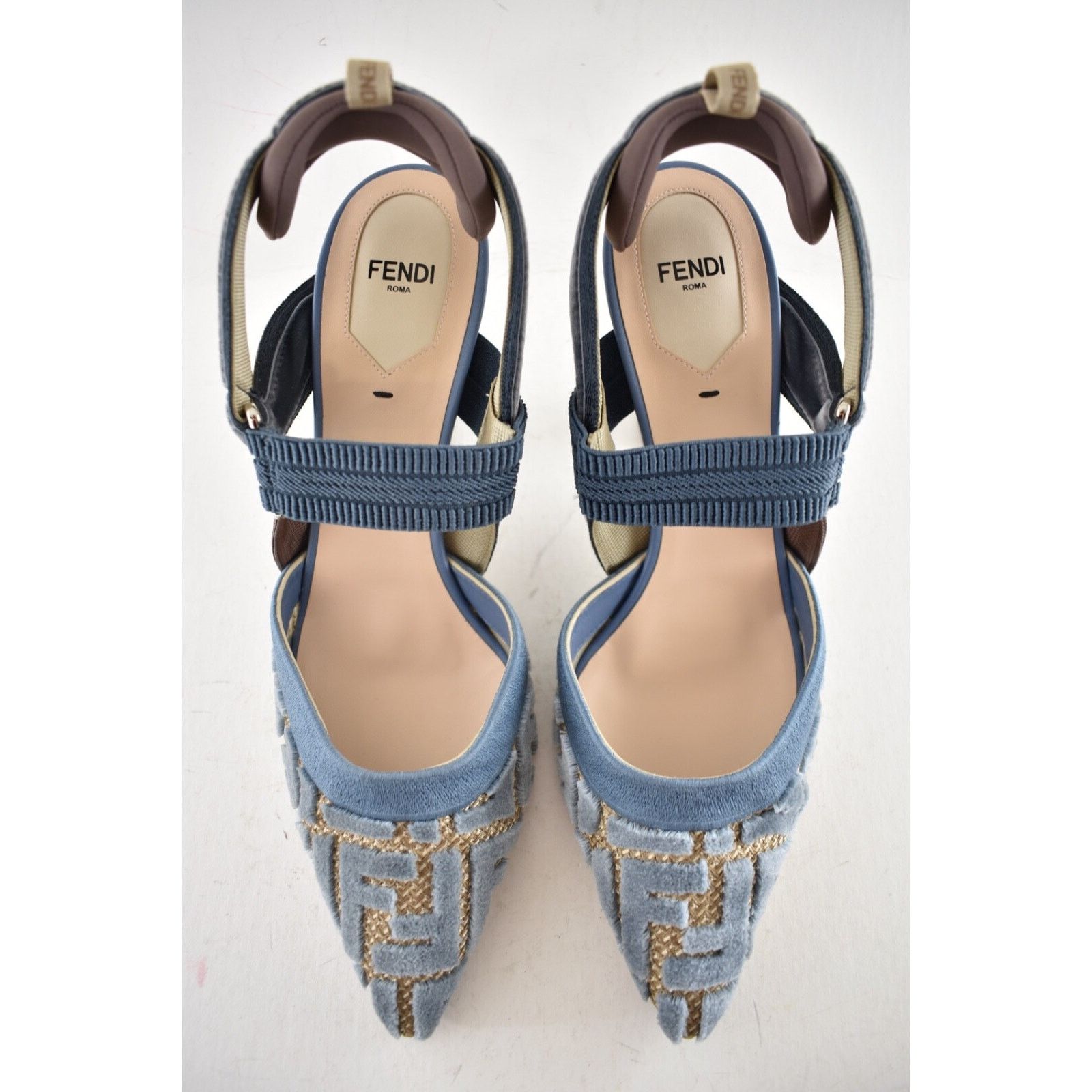 Fendi Fendi Colibri Lite 85mm Blue Velvet Beige FF Logo Pump 42 Size US 12 / IT 42 - 9 Thumbnail