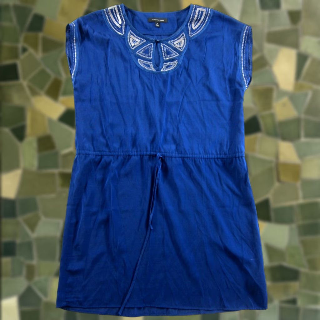 Vintage Cynthia Vincent Shirt Dress M Women Blue Sequin Short Sleeve Tunic Dress Knee Length 90s Bohemian Party/Cocktail Size 32" / US 10 / IT 46 - 1 Thumbnail