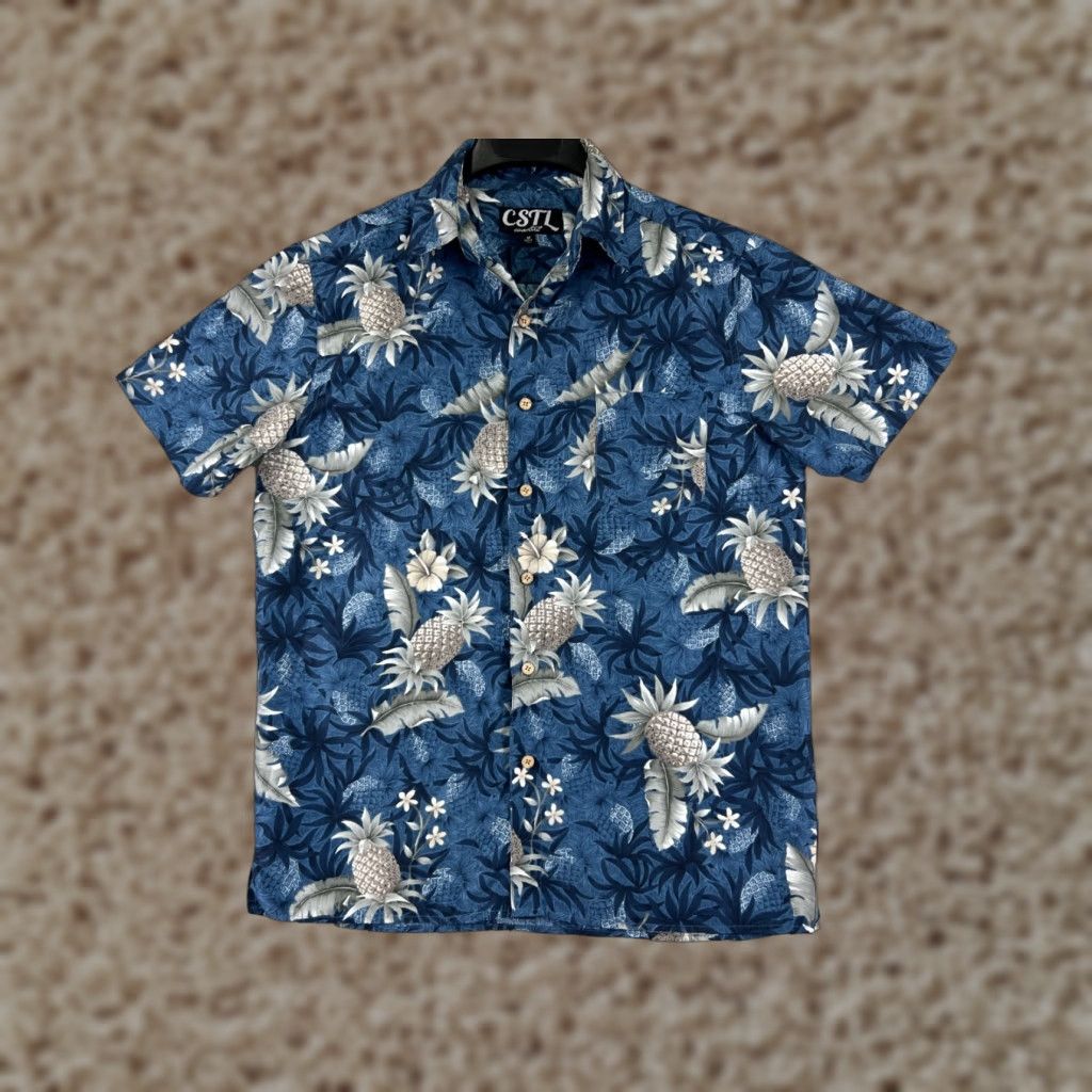Vintage Coastal Shirt Men Medium Blue Floral Pineapple 100% Polyester Button Hawaiian Size US M / EU 48-50 / 2 - 1 Thumbnail