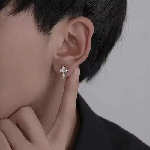 Jewelry × Sterling Silver 925 Silver Plated Cross Stud Earrings for Men Women Size ONE SIZE - 1 Thumbnail