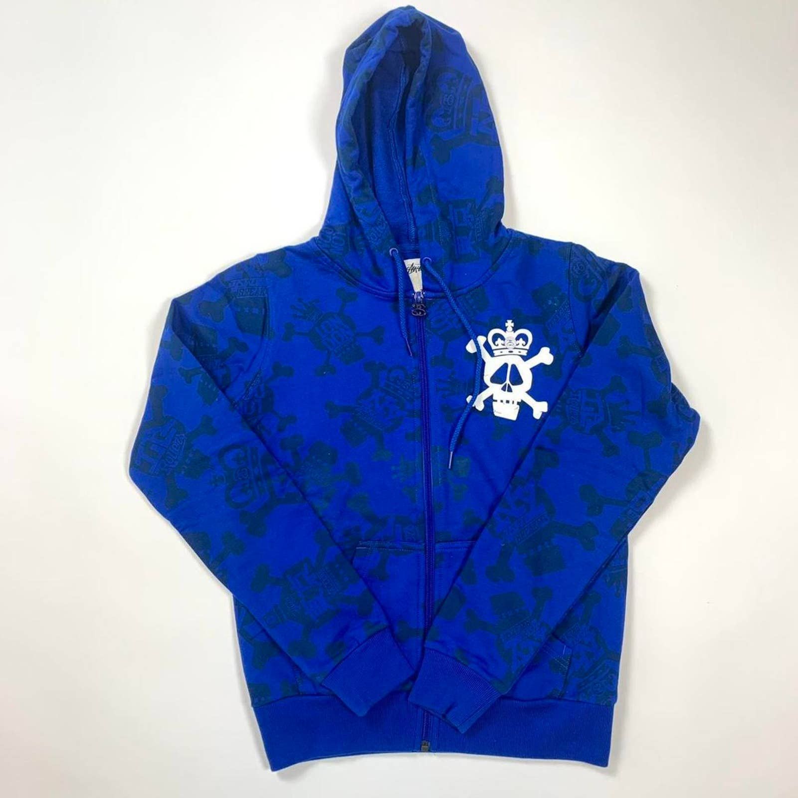 image of 2000S Stussy Skull City Zip Up Jacket In Royal Blue, Women's (Size Small)