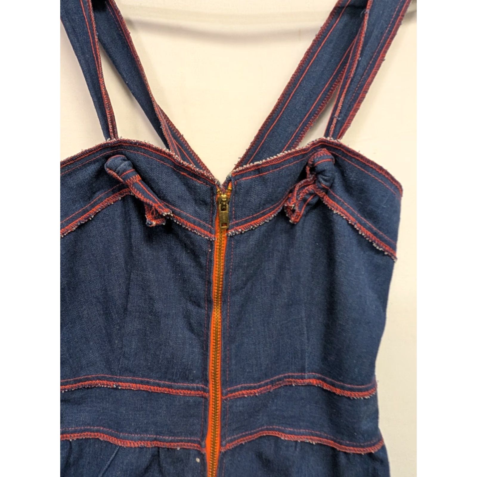 Denime VINTAGE 70s Jean Pinup Dress Day Dress Womens M 9 Denim Chambray Patches Overall Size 30" / US 8 / IT 44 - 2 Thumbnail