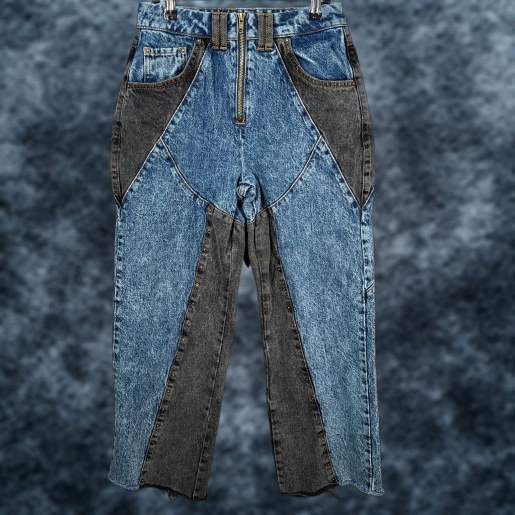 Denime PCFG Womens Jeans Two-Tone Denim With Contrast Panels & Raw Hem Size 6 Blue Straight 5-Pocket Rise High Inseam 27 Womens Size 28" / US 6 / IT 42 - 1 Thumbnail