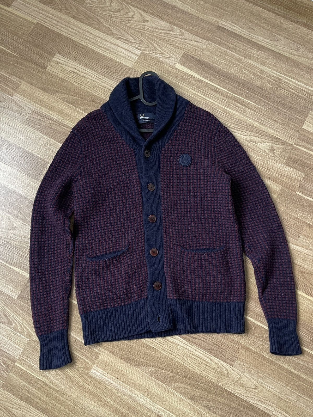Fred Perry Fred Perry Two Tone Waffle Shawl Navy Red Wool Cardigan M Size US M / EU 48-50 / 2 - 3 Thumbnail
