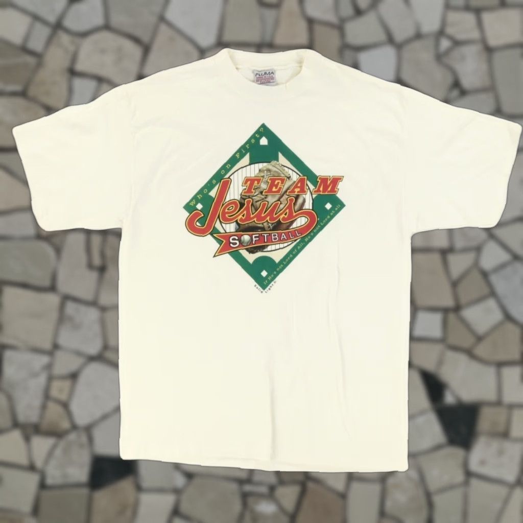 Vintage VINTAGE Pluma Team Jesus Softball Shirt White Mens L Size US L / EU 52-54 / 3 - 1 Thumbnail