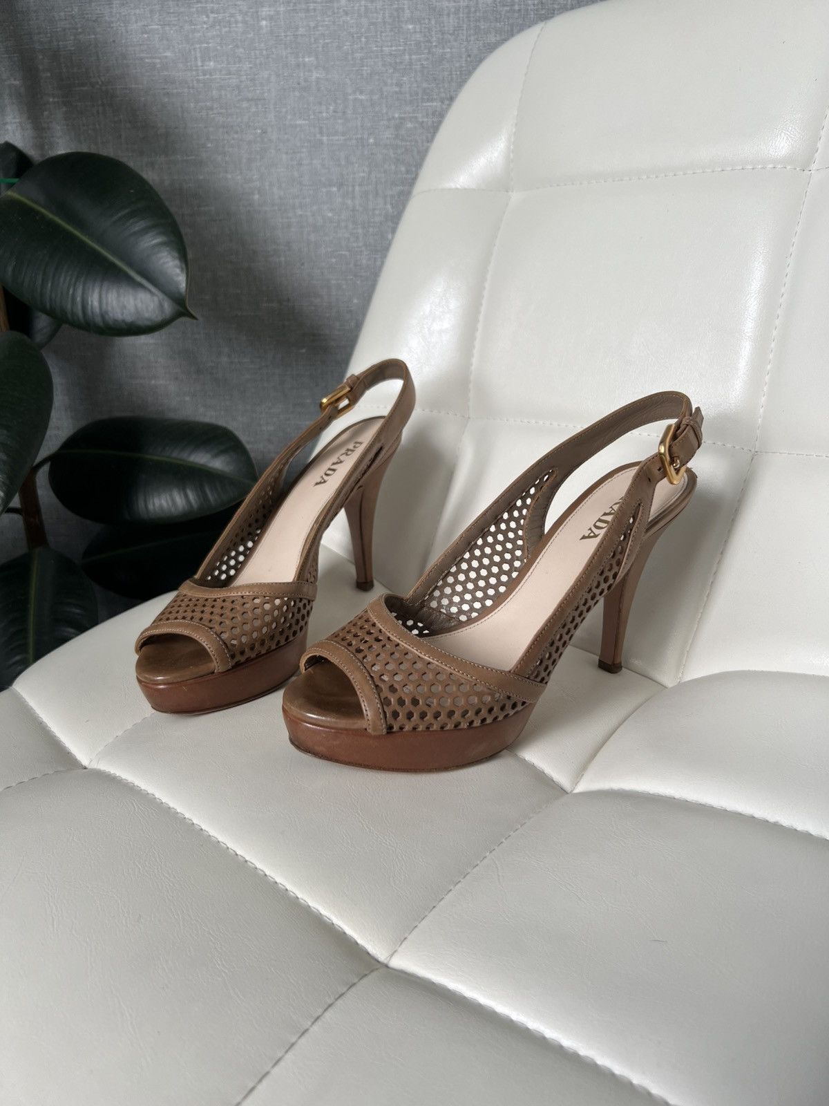 Prada Prada Brown Leather Cutout Peep Toe Slingback Platform Heels Size US 7.5 / IT 37.5 - 1 Thumbnail
