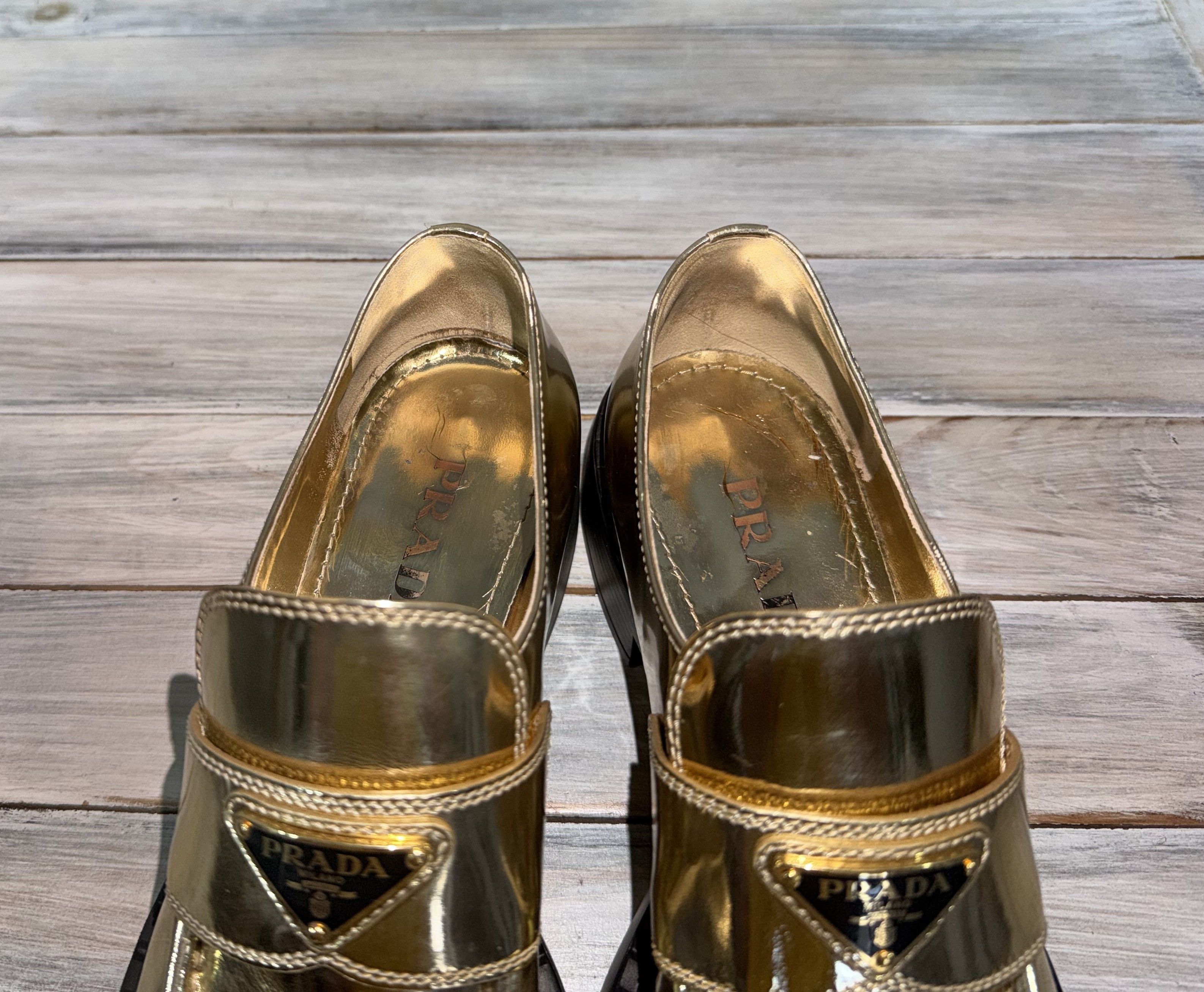 Prada PRADA Milano Metallic Gold Leather Loafers Triangular Logo Size US 10.5 / IT 40.5 - 10 Thumbnail