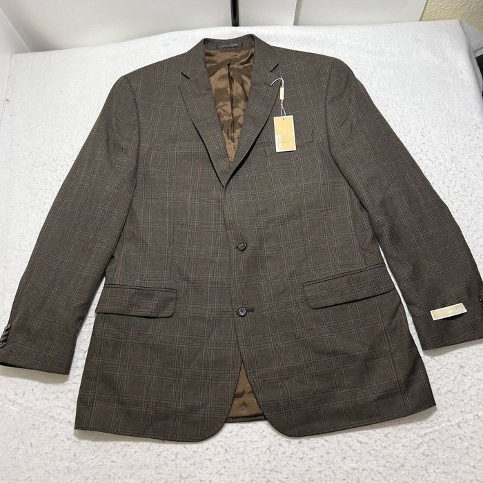 Michael Kors Michael Kors 44L Olive Green/Brown Windowpane Suit Jacket ...