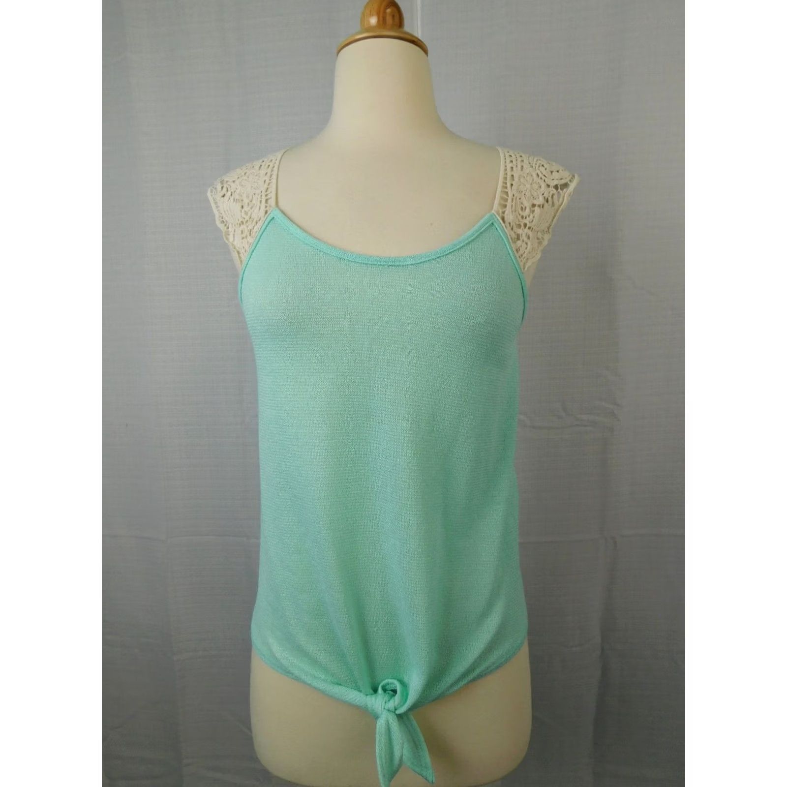 Vintage Charlotte Russe Tank Top Mint Green Small Cap Sleeve Tie-Front Knit Crochet 90s Womens Size S / US 4 / IT 40 - 2 Thumbnail