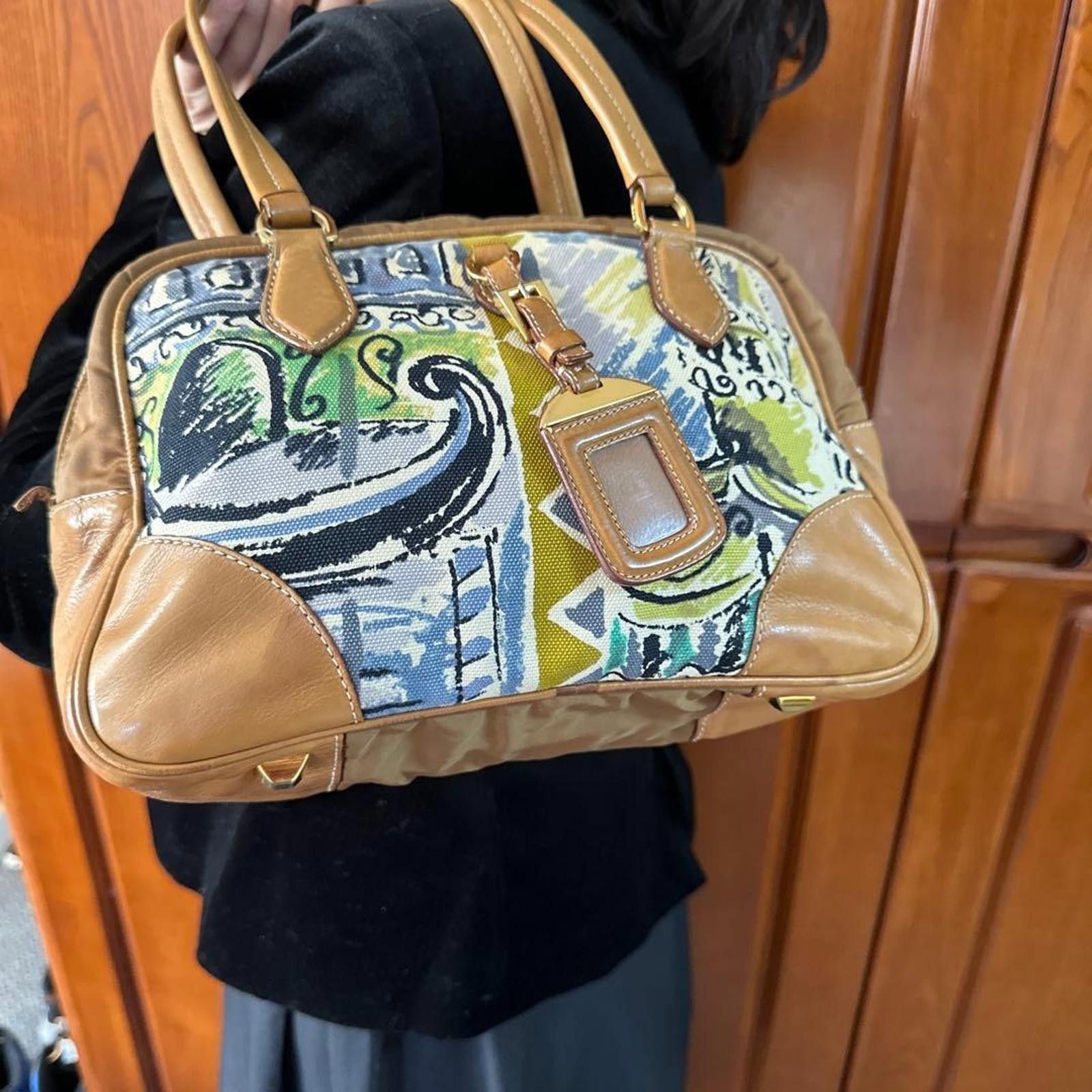 Prada Prada - Canvas Leather Handbag Abstract Print Size ONE SIZE - 8 Thumbnail