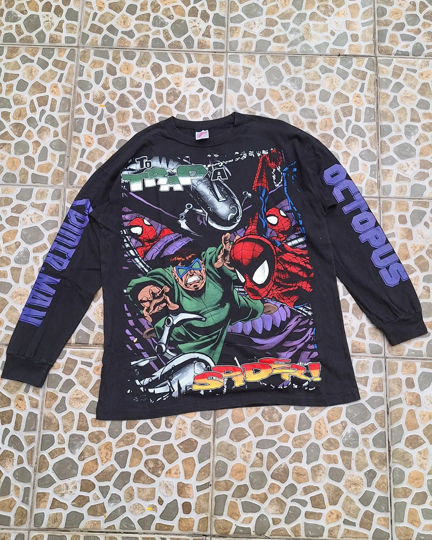 image of Marvel Comics x Movie To Trap A Spiderman Long Slevee Bootleg Tshirt in Faded Black, Men's (Size XL