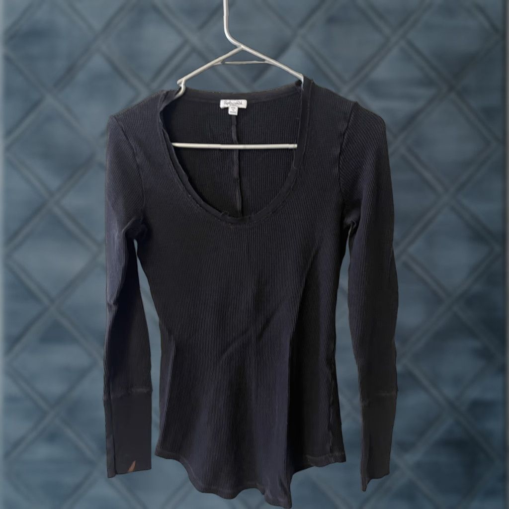 Splendid Splendid Women's Black Ribbed Scoop Neck Long Sleeve Tee Top XS Blouse Shirt Jersey Knit Pullover Cotton Size XS Womens Size XS / US 0-2 / IT 36-38 - 1 Thumbnail