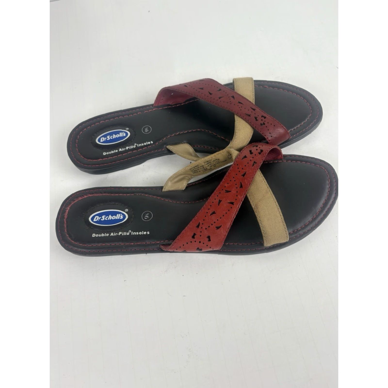 Scholl VINTAGE Dr Scholls Wyoming Flat Slides Womens Size 9.5M Open Toe Slip On Leather Canvas Red/Tan Casual Summer Women Size US 9.5 / IT 39.5 - 2 Thumbnail