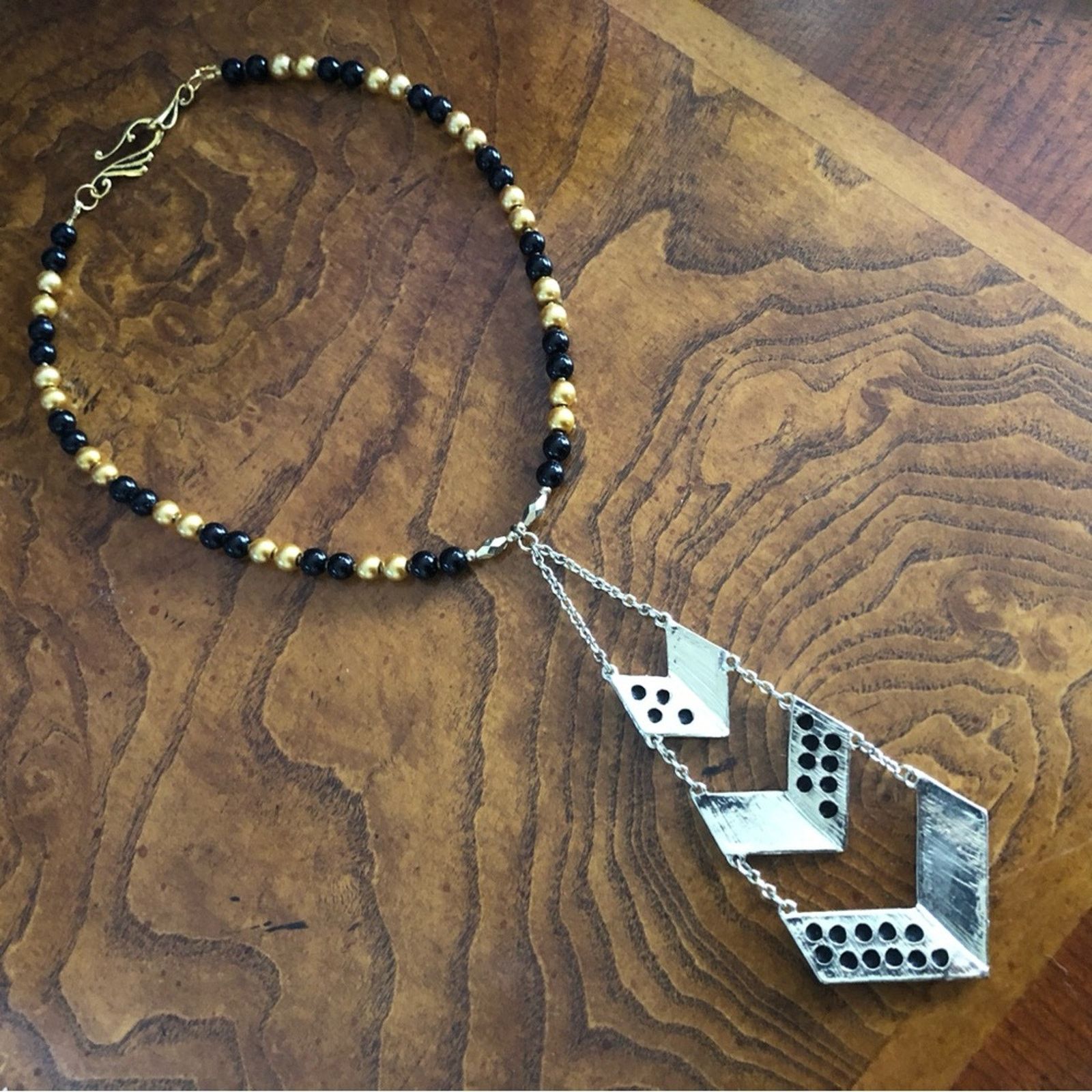 Handmade Handcrafted repurpose black and gold tie Pearl necklace Size ONE SIZE - 10 Thumbnail