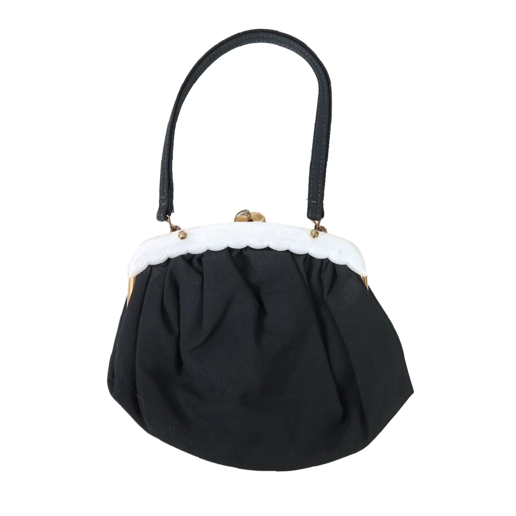 Vintage VINTAGE Black Small Handbag Evening Purse White Lucite Trim Kiss Lock Top Handle Bag Womens 50s Party Cocktail Casual Men? No. Size ONE SIZE - 2 Thumbnail
