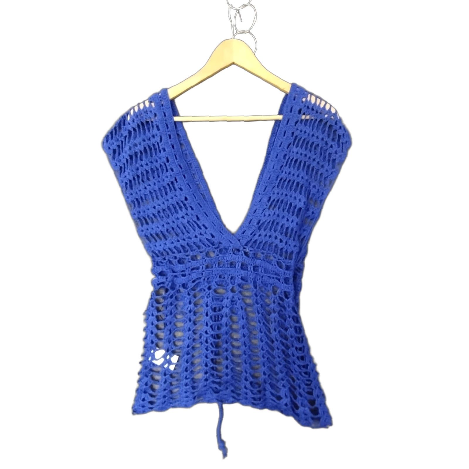 Vintage Codigo Grab Crochet Knitted Blue V-Neck Beach Mini Dress S Size S / US 4 / IT 40 - 1 Thumbnail