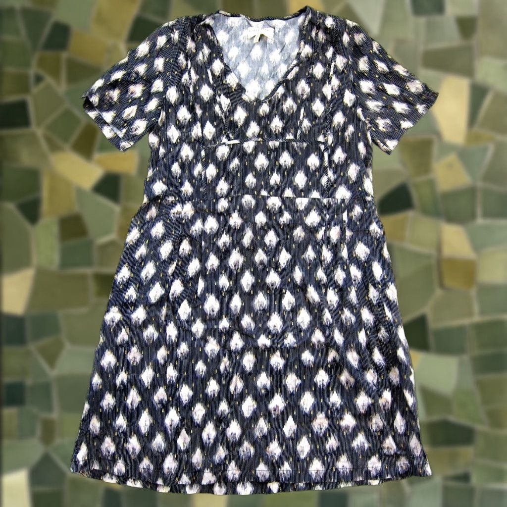 Vintage Cotelac Acote Rayon Black Gold White Stripe V-Neck Short Sleeve Dress 6-8 Pockets Knee Length Womens Hair? Size 28" / US 6 / IT 42 - 1 Thumbnail