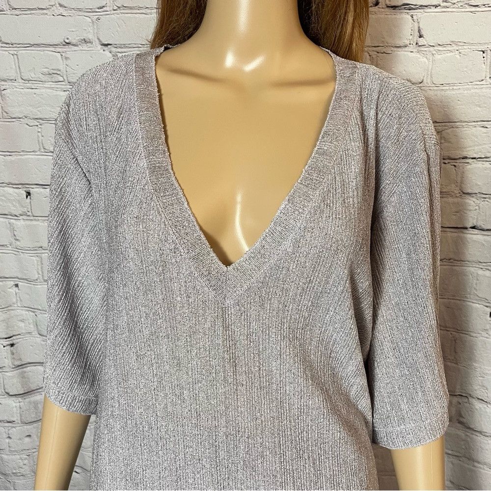 Zara Zara V-neck Ribbed Knit Short Sleeve Grey Tunic Size XL Size XL / US 12-14 / IT 48-50 - 2 Thumbnail