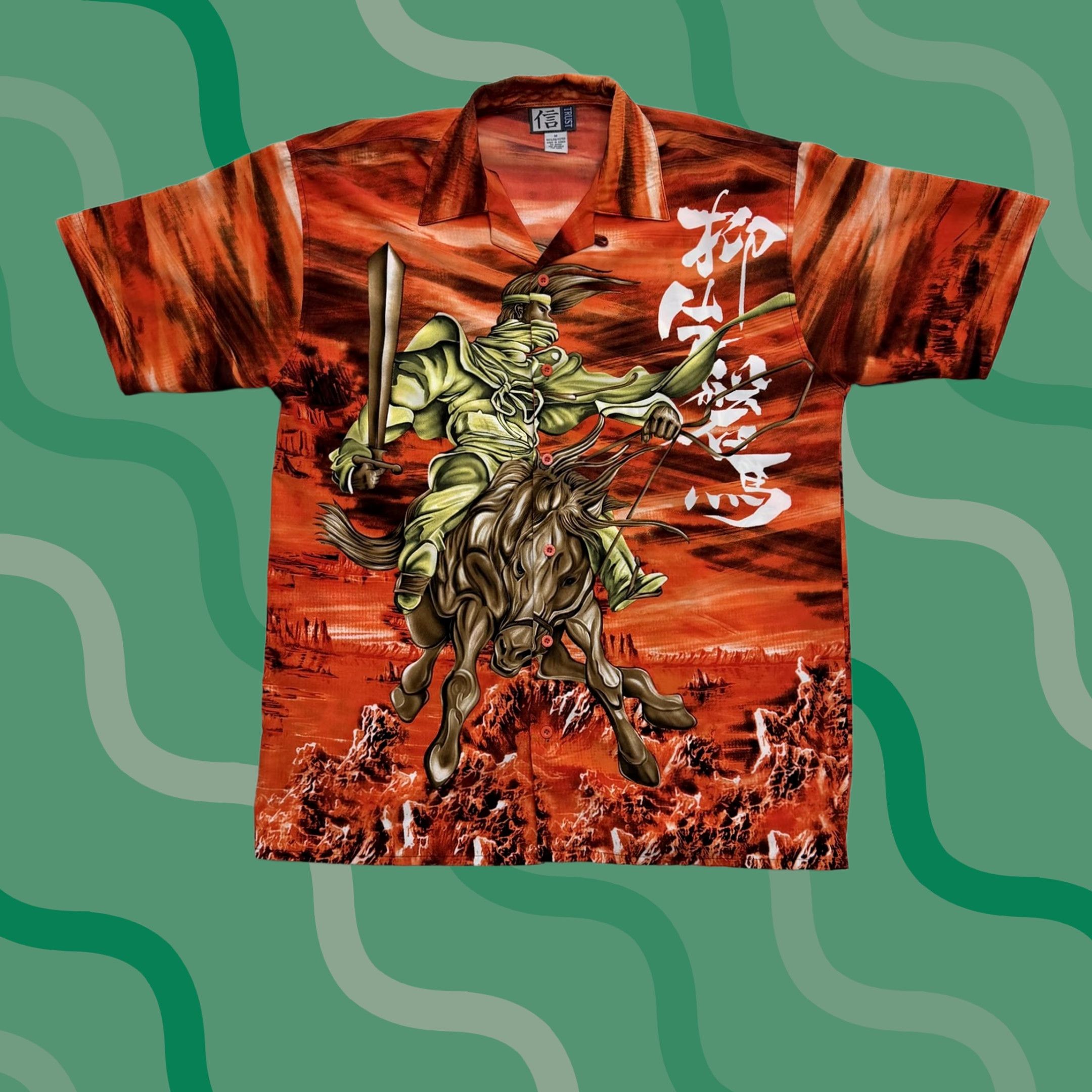 Vintage Trust Samurai Warrior Shirt Mens M Orange Hawaiian Button Up Graphic Print Short Sleeve Collared 90s Theme Casual Summer Size US M / EU 48-50 / 2 - 1 Thumbnail
