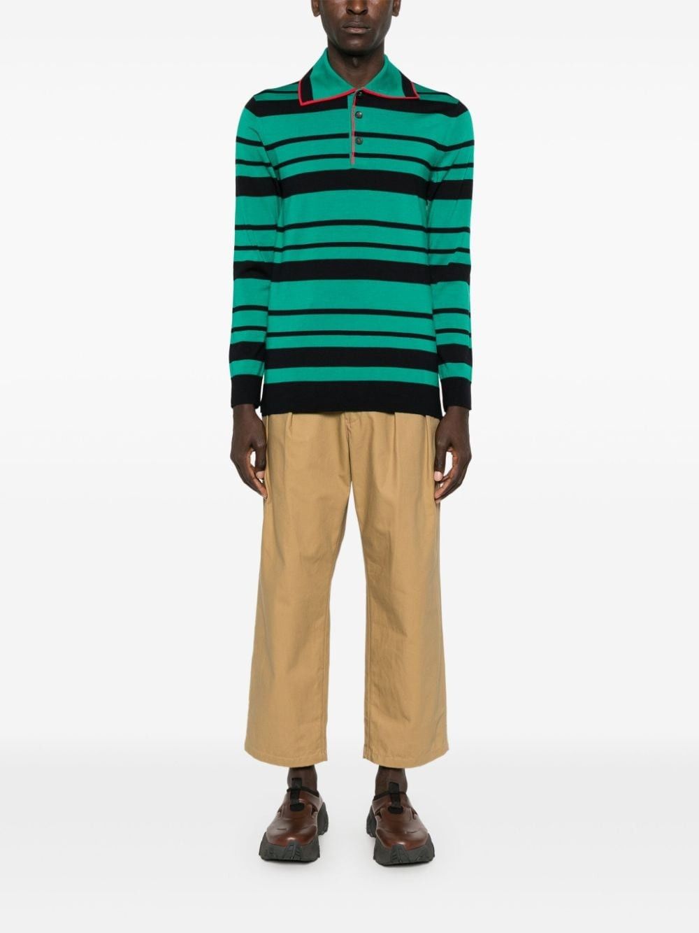 Wales Bonner o1mle0825 Sitar Knit Polo Shirt in Green/Black Size US XXS / EU 40 - 6 Thumbnail