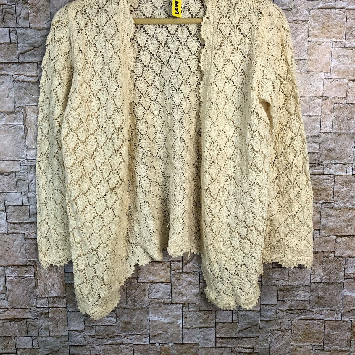 Homespun Knitwear × Japanese Brand Japan vintage crochet mesh net Yellow Cardigan #A659 Size S / US 4 / IT 40 - 3 Thumbnail