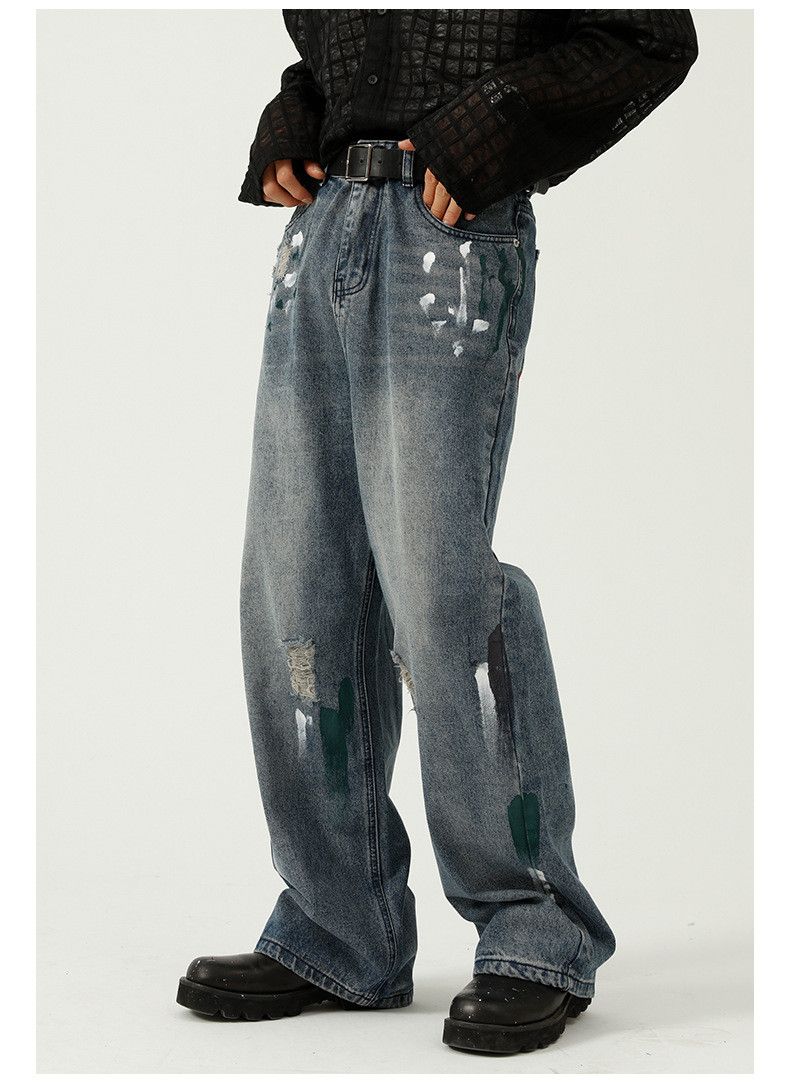 Japanese Brand Japanese retro splatter paint wide-leg ripped jeans Size US 32 / EU 48 - 2 Thumbnail