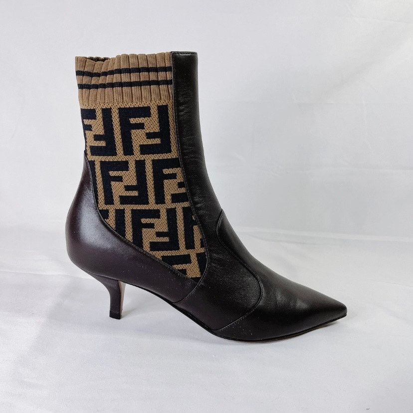 Fendi Rockoko FF logo stretch knit leather heeled ankle boots Size US 7 / IT 37 - 8 Thumbnail
